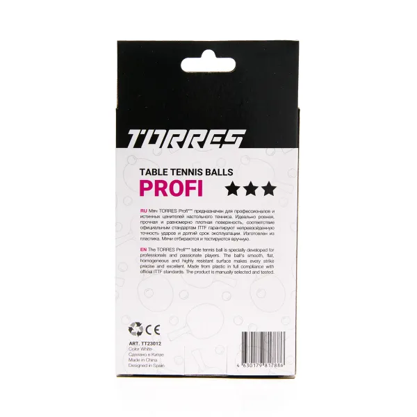 Мяч для наст. тенниса TORRES Profi 3*, TT23012, диам. 40+мм, упак. 6 шт, белый за 338.30 ₽ в Ярославле